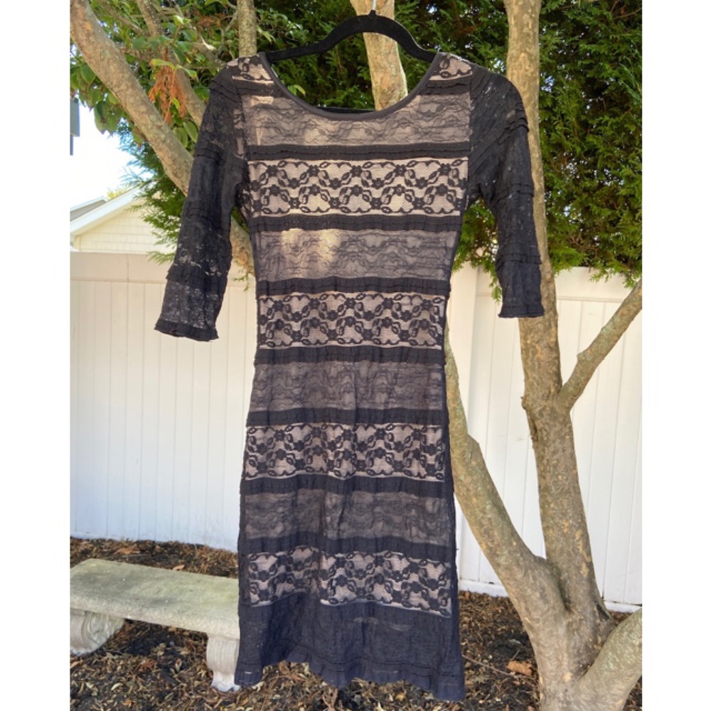 Lovely Day Black and Tan Bodycon Lace Minidress